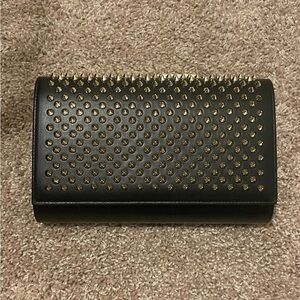 Christian Louboutin Clutch Patent Leopard Spikes Paloma Black Calfskin Leather
